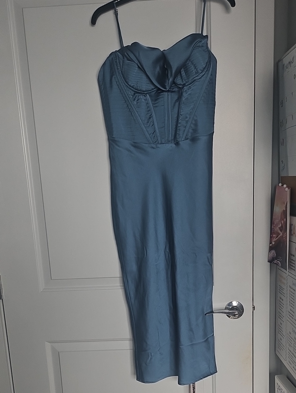 House of CB Satin Corset Midi Dress in Slate Blue